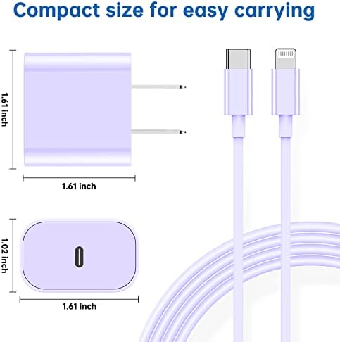 3 חבילות סגול 20 וואט מתאם חסימת מטען מהיר, מטען USB C עם [Apple MFI Certified] USB C לכבל ברק